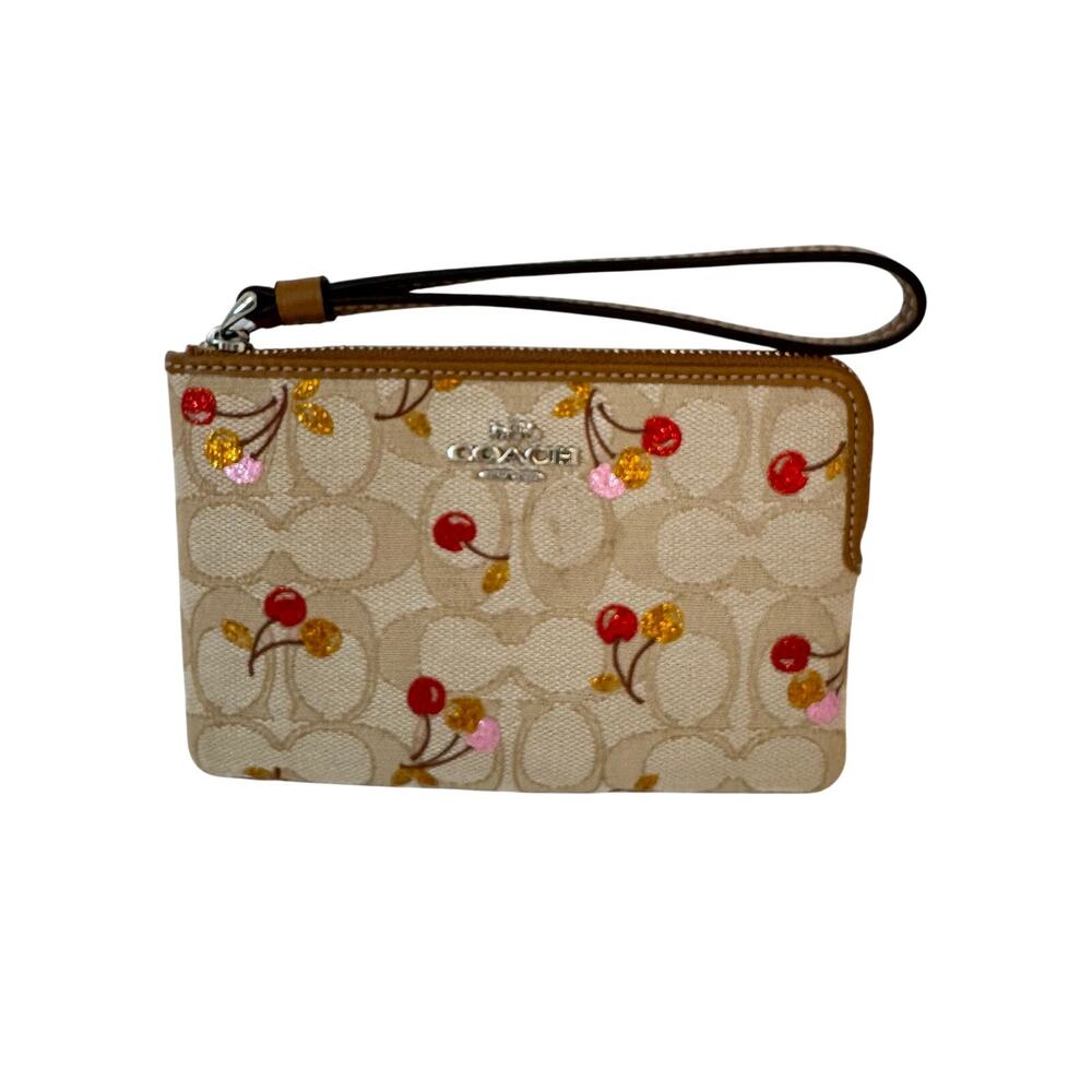 Coach Outline Corner Zip Wristlet Wallet Cherry Signature Jacquard Tan F31577